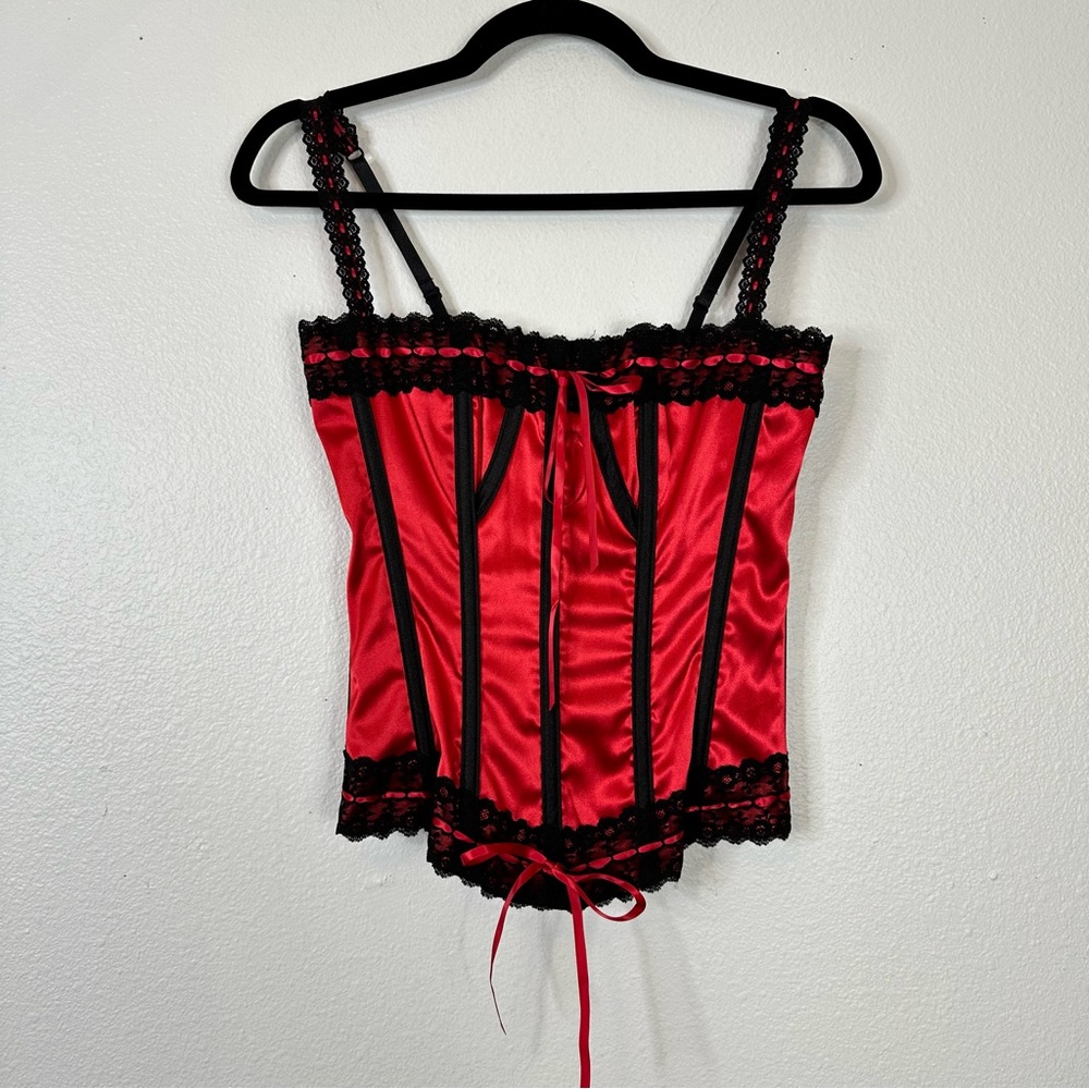 Frederick's of Hollywood satin corset lace trim coquette mob wife romantic sexy